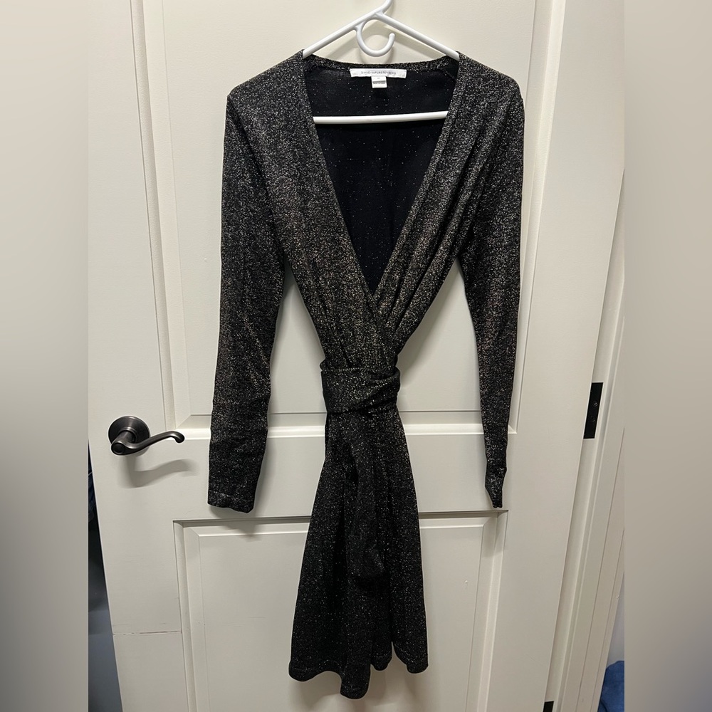 DVF Black and Gold shimmer Wrap Dress, Size M